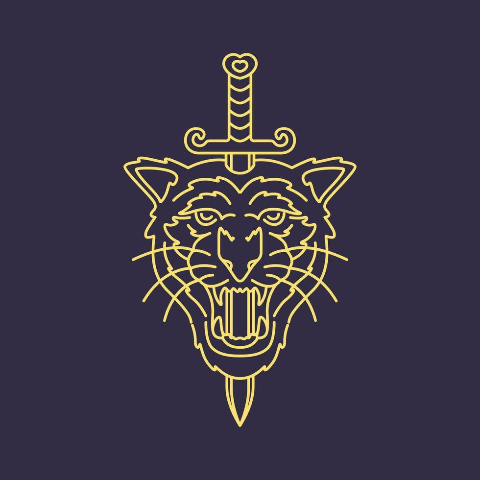 rugido Tigre cabeza bestia fauna silvestre selva espadas líneas mínimo Clásico hipster mascota logo vector icono ilustración