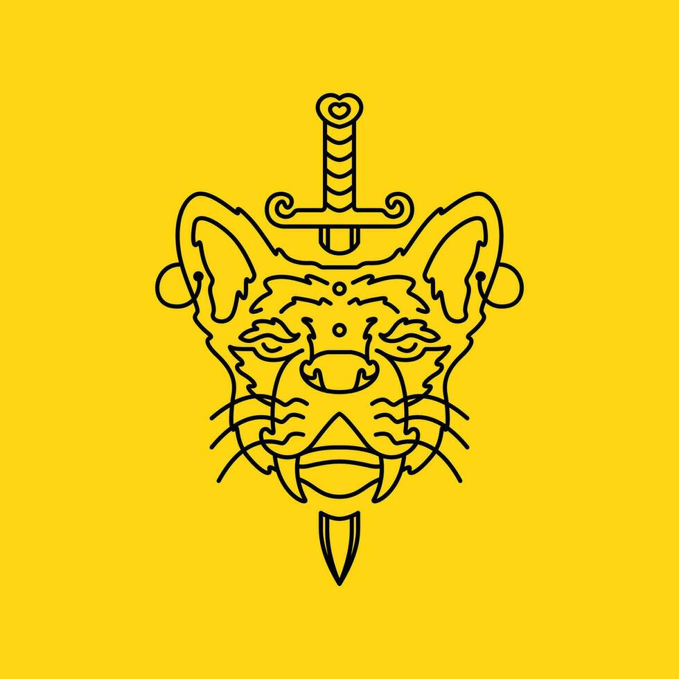 ancient tiger with swords lines minimal simple mascot logo vector icon illustration