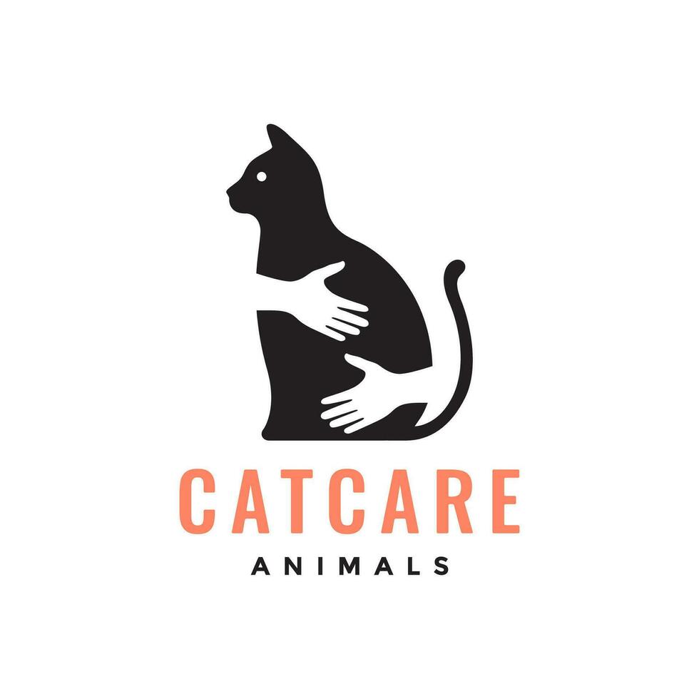 cat pets care hug hand lover flat modern mascot logo icon vector illustration