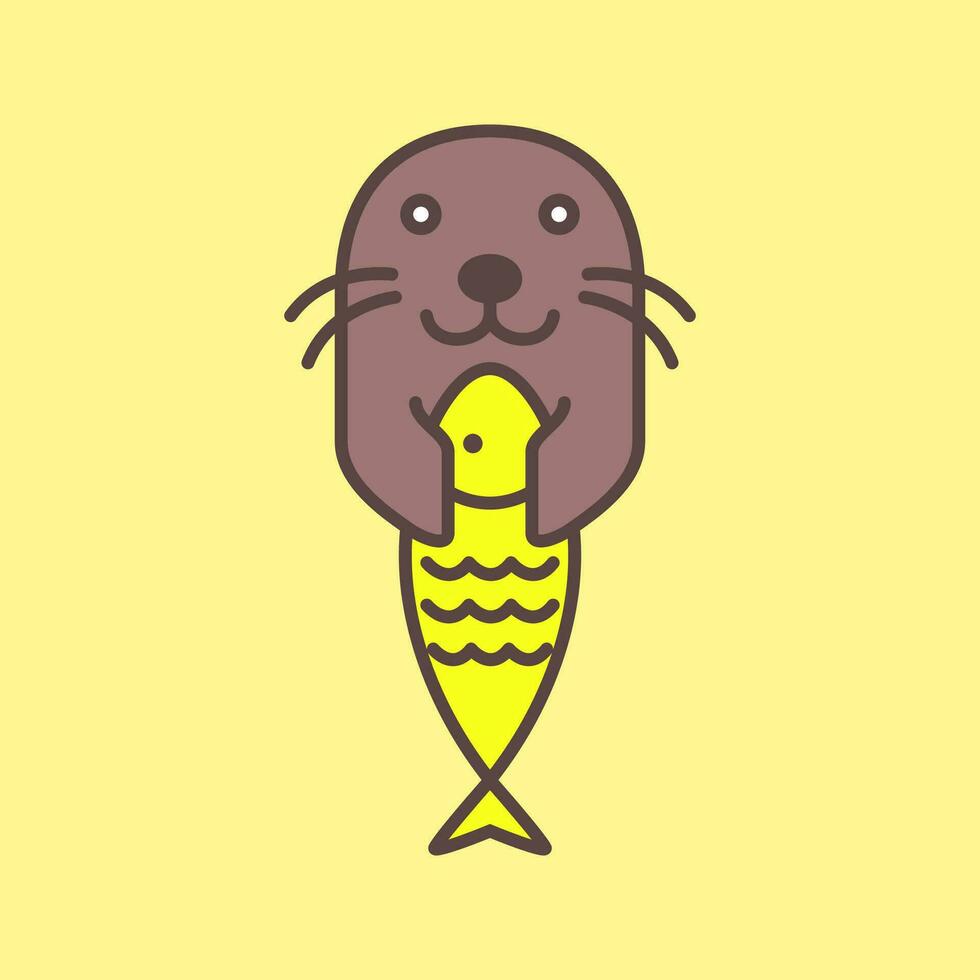 seal pup catching fish cute mascot cartoon minimal abstract modern colorful logo icon vector illustration