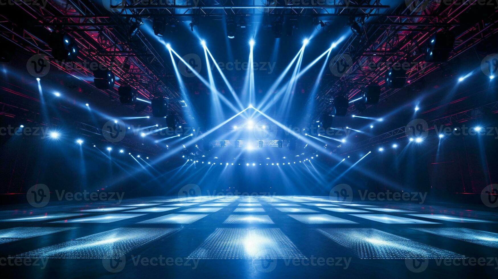 blank live show stage with fantastic dazzling blue laser lighting in big hall. performance show