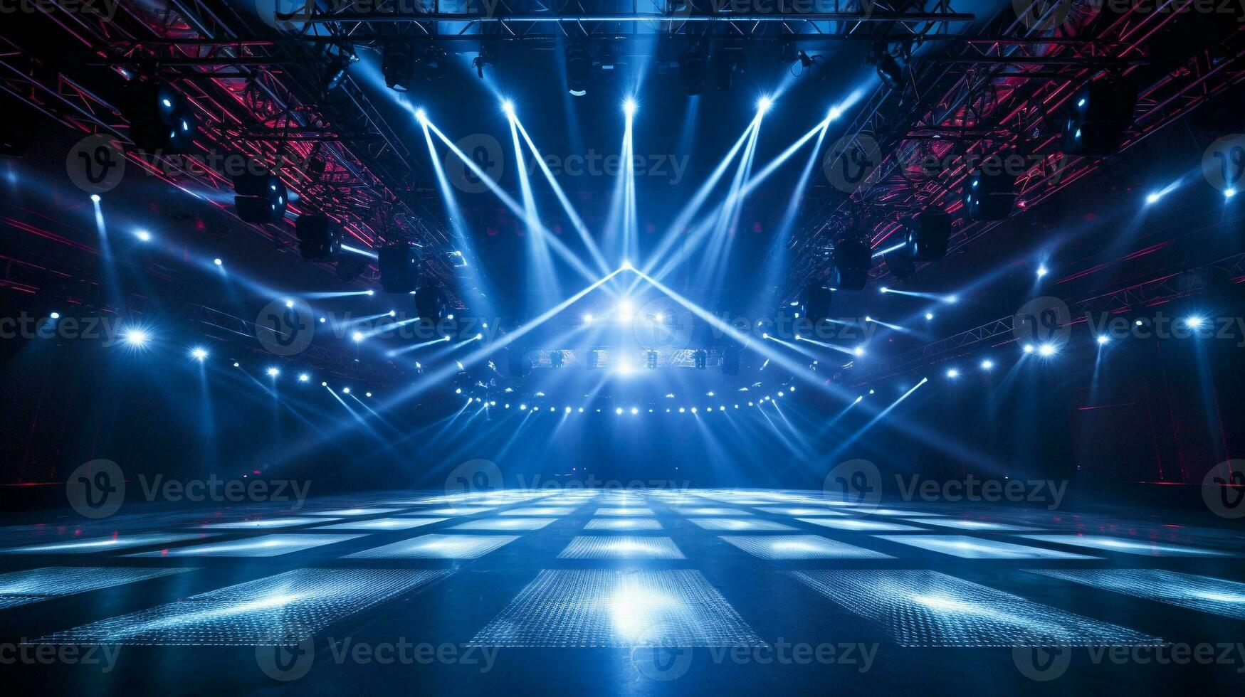 blank live show stage with fantastic dazzling blue laser lighting in big hall. performance show studio background. generative AI photo