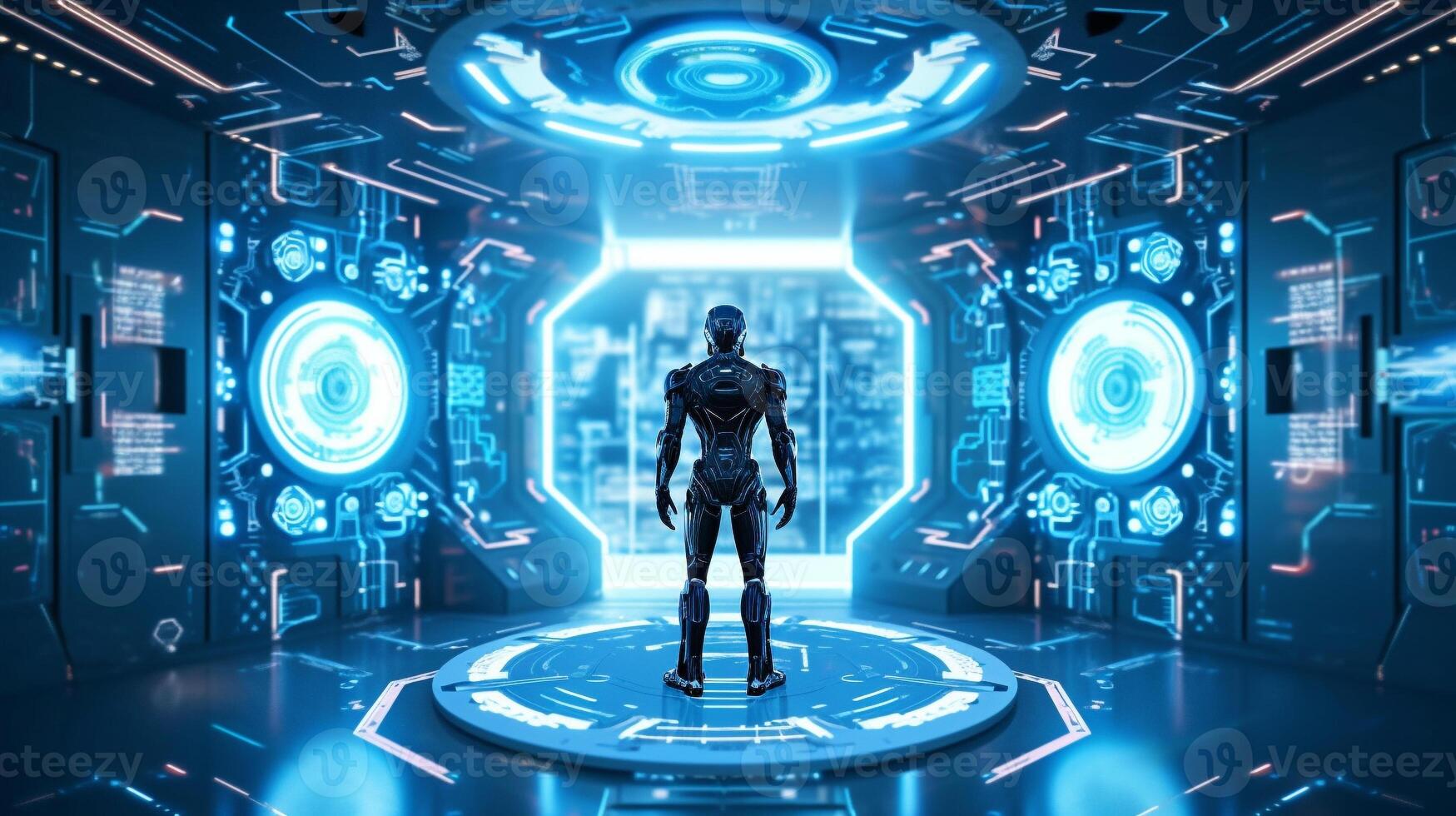 robot standing at the center of futuristic HI tech room background. robotic machine learning concept. photo