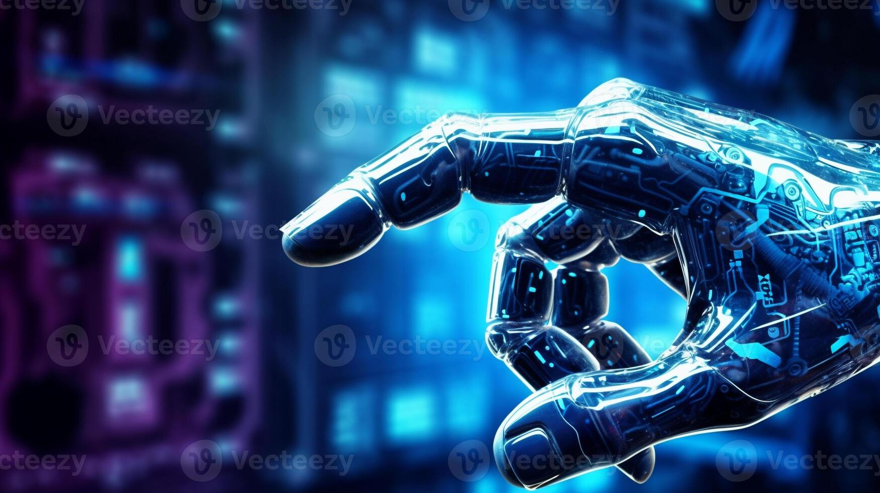 finger of futuristic robot pointing with digital Hi tech background. AI technology and smart machine learning concept. photo