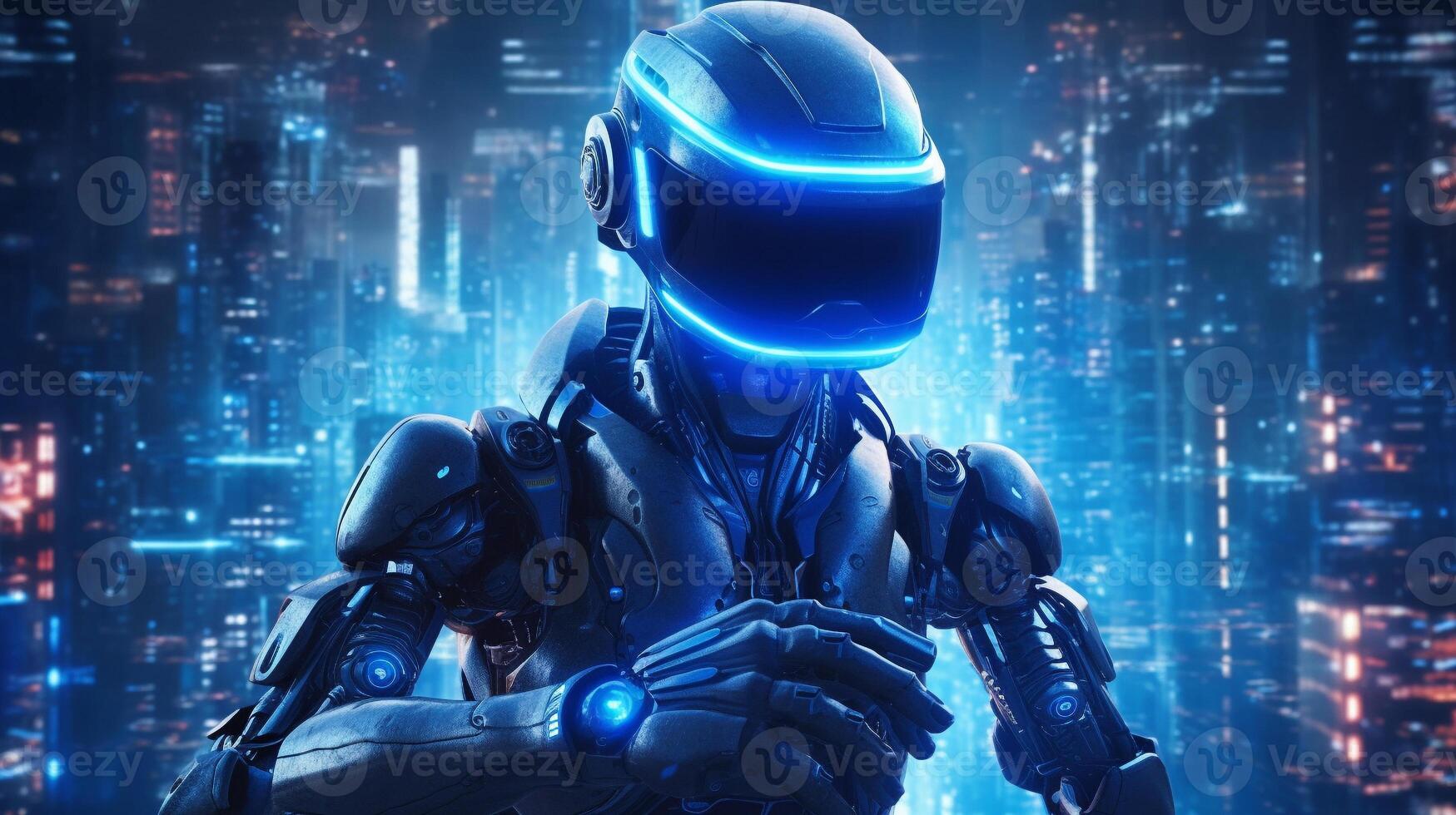 futuristic robot with VR headset on Hi tech digital background. photo