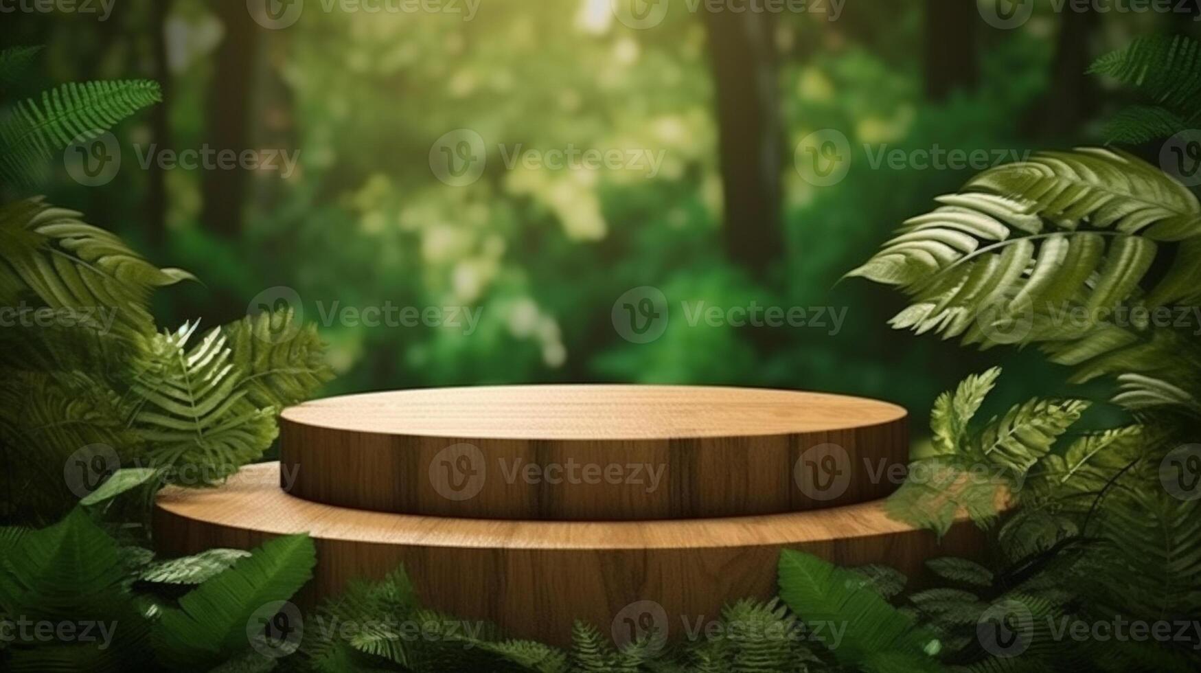 blank wooden podium with green forest background for organic cosmetics and natural product advertisement. photo