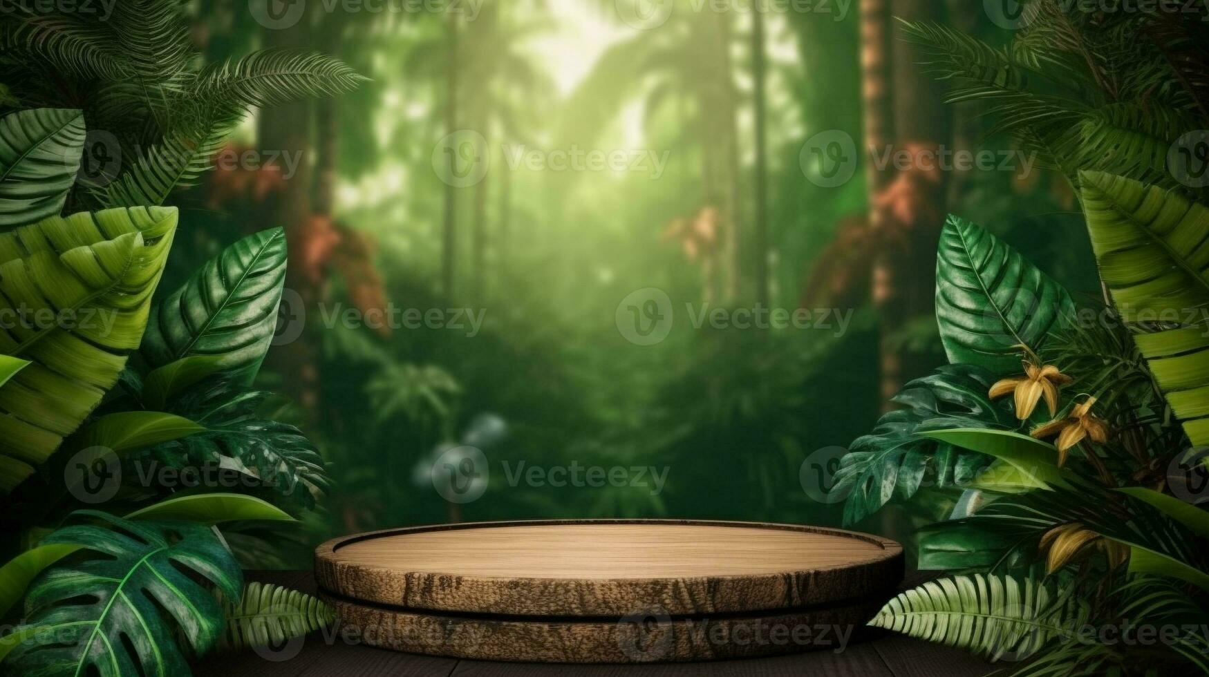 blank wooden podium with green forest background for organic cosmetics and natural product advertisement. generative AI photo