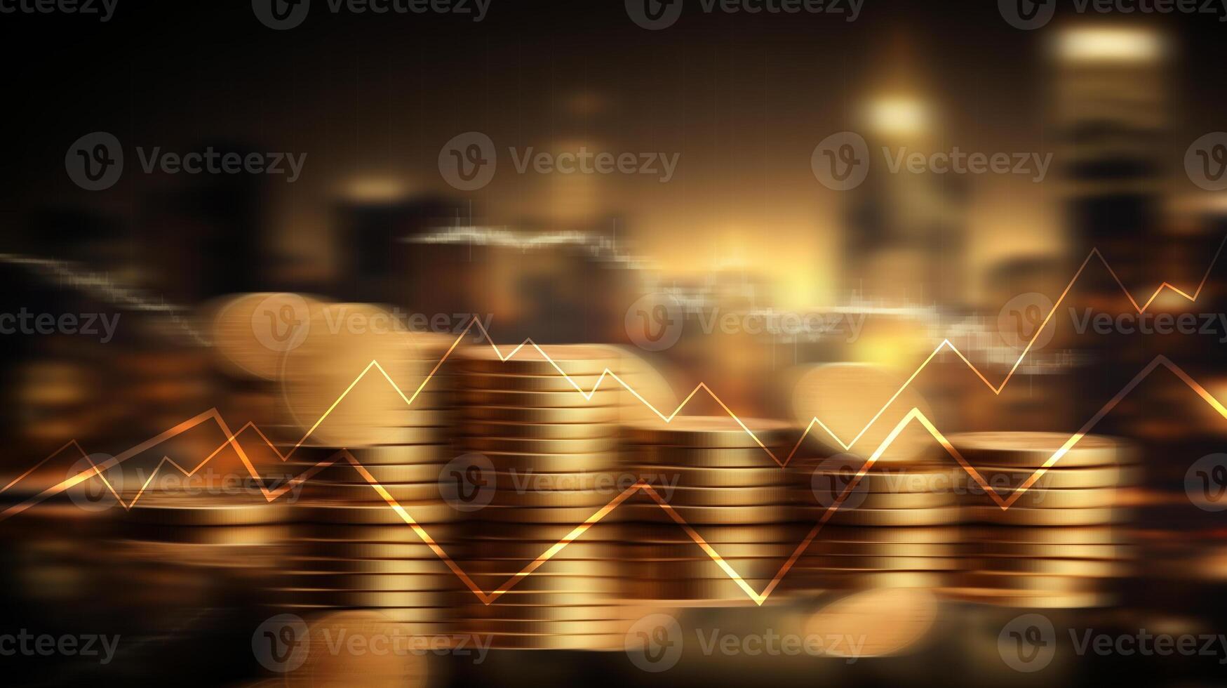 blurred stack of gold coin on city background with line graph for financial and economy backdrop concept. photo