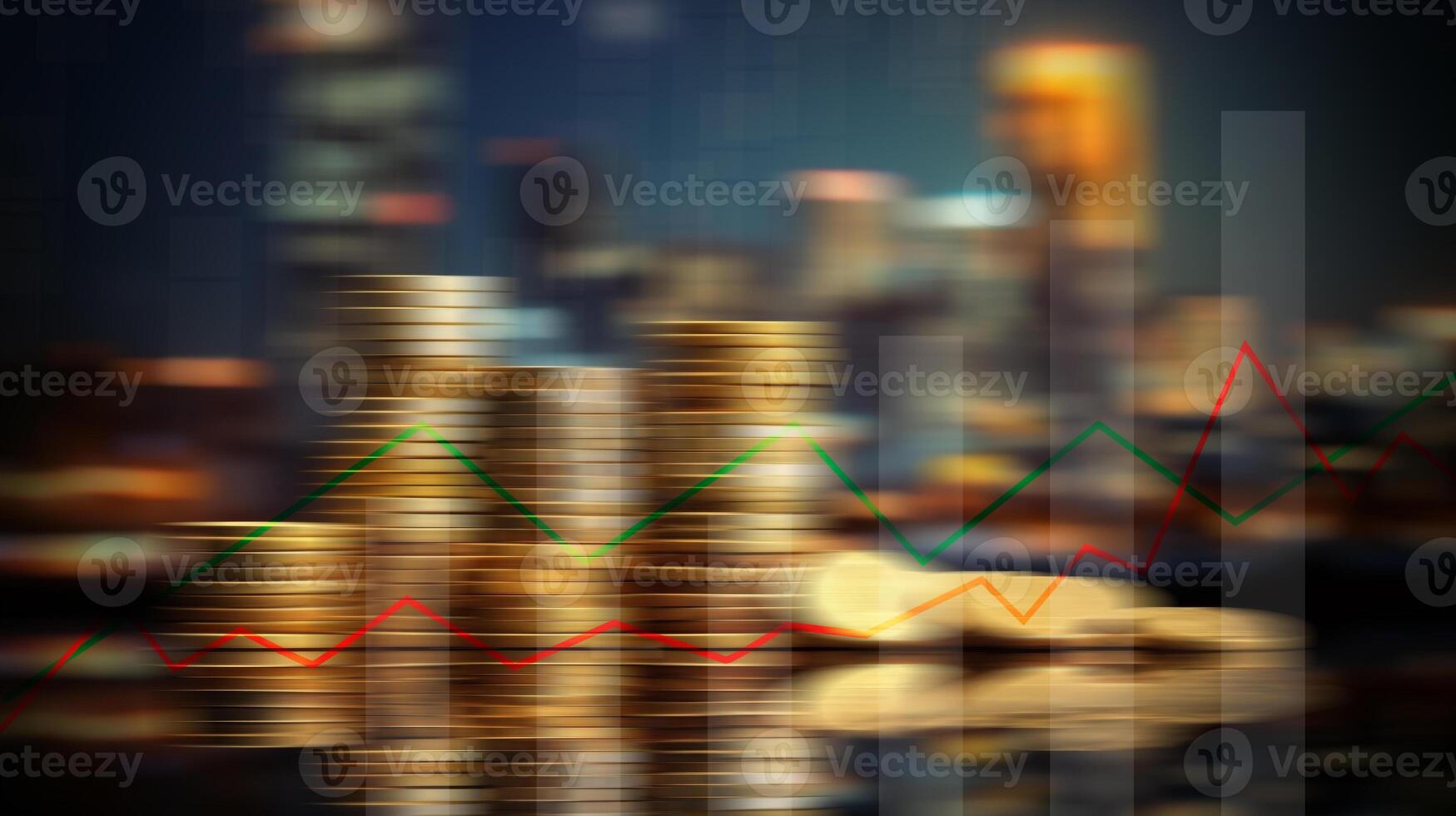 blurred stack of gold coin on city background with line graph for financial and economy backdrop concept. photo