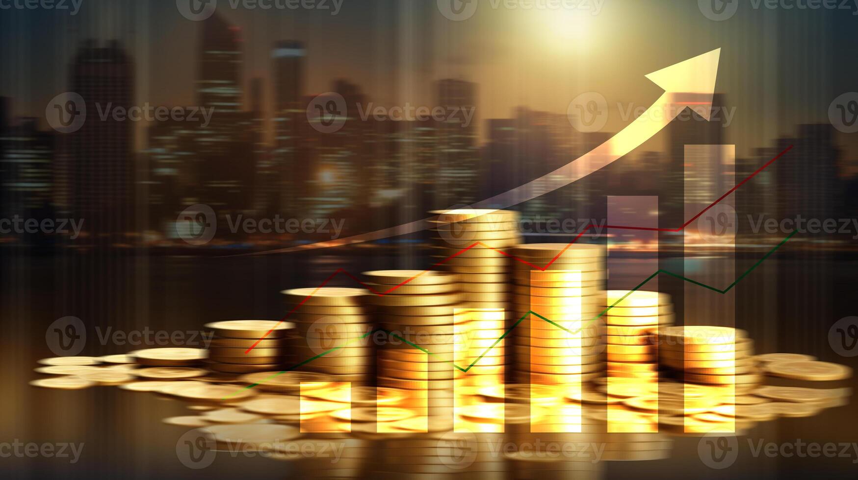 blurred stack of gold coin on city background with line graph for financial and economy backdrop concept. photo