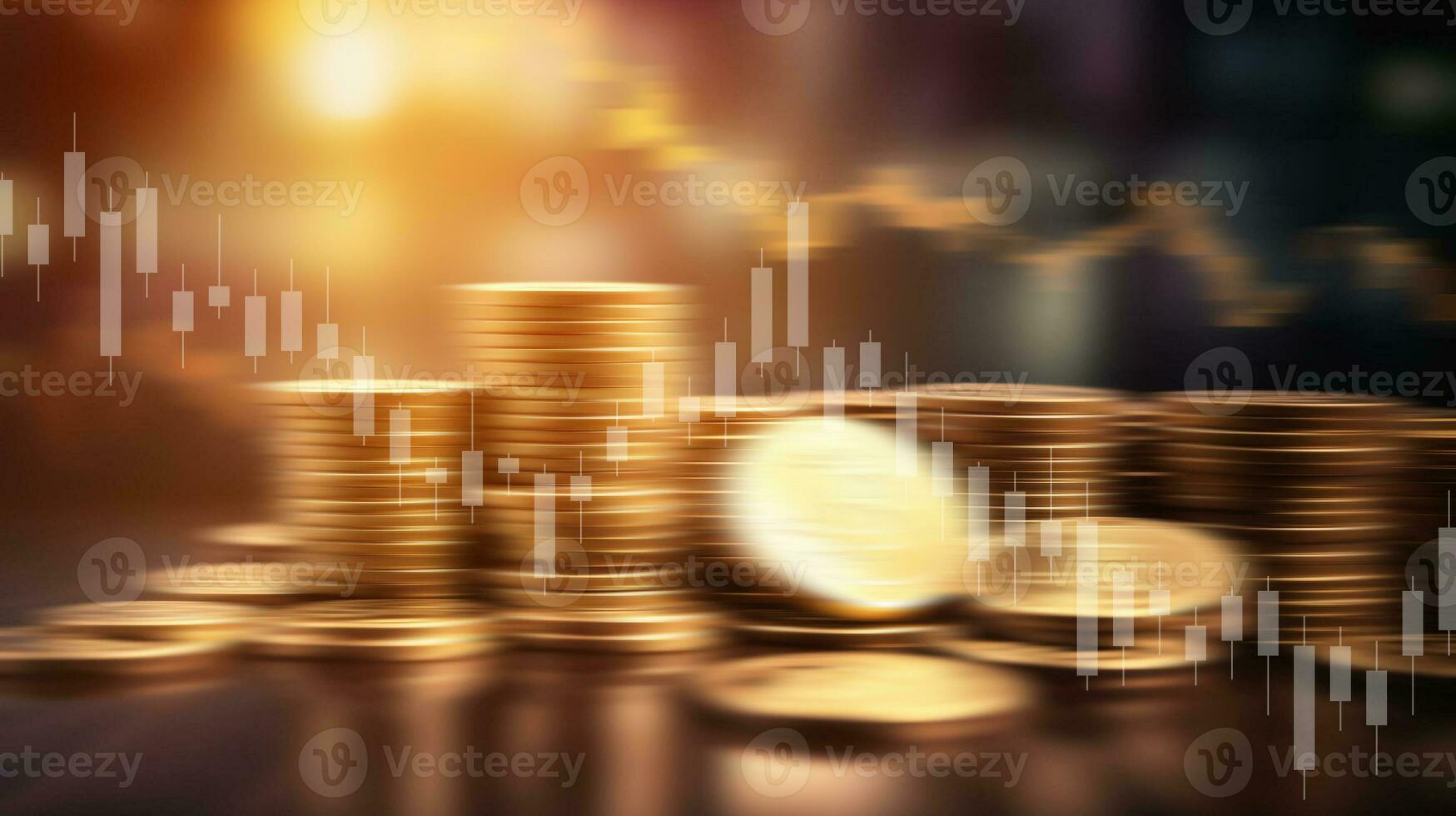 blurred stack of golden coin on city background with line graph for financial and economy backdrop concept. generative AI photo