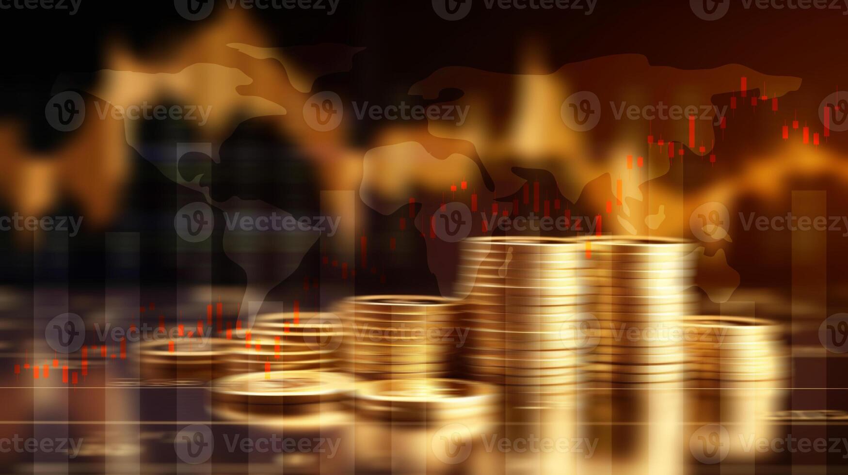 blurred stack of golden coin on city background with line graph for financial and economy backdrop concept. photo