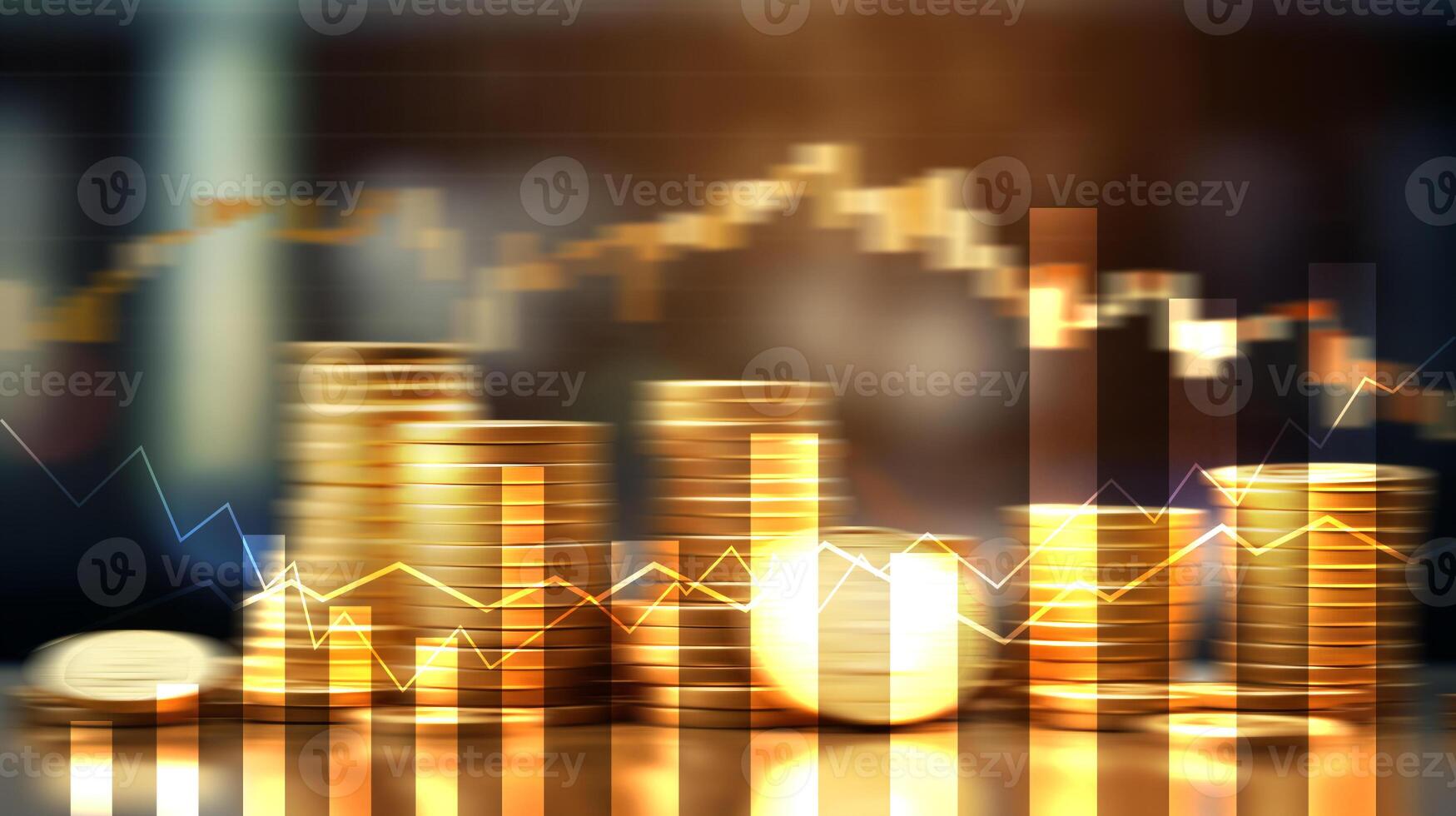 blurred stack of golden coin on city background with line graph for financial and economy backdrop concept. photo