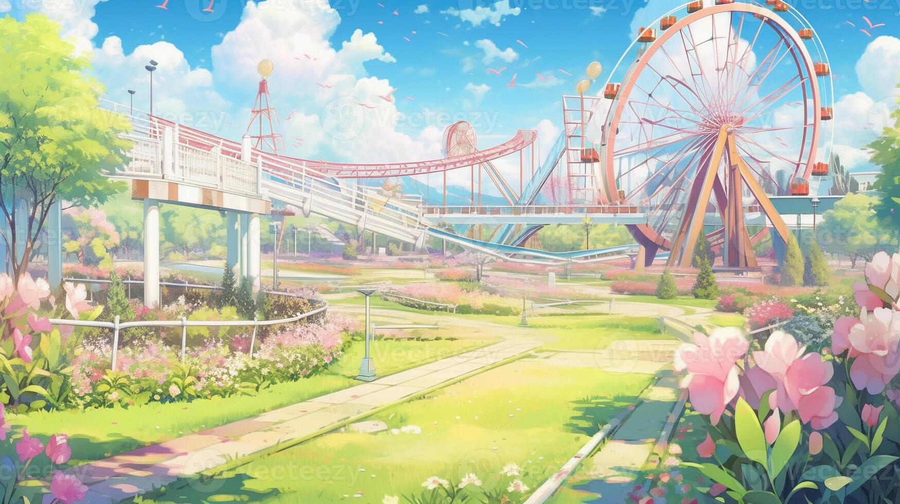 theme park cartoon scene background. roller coaster and Ferris wheel in green park and colorful flower on sunny day. photo