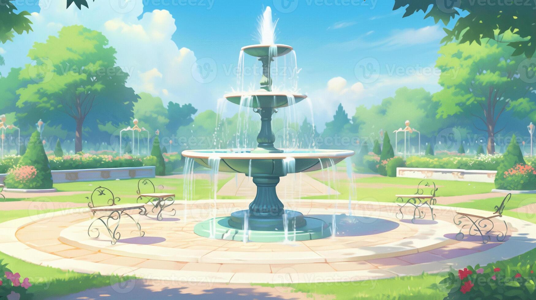 theme park cartoon scene background. fountain with trees background on sunny day. generative AI photo