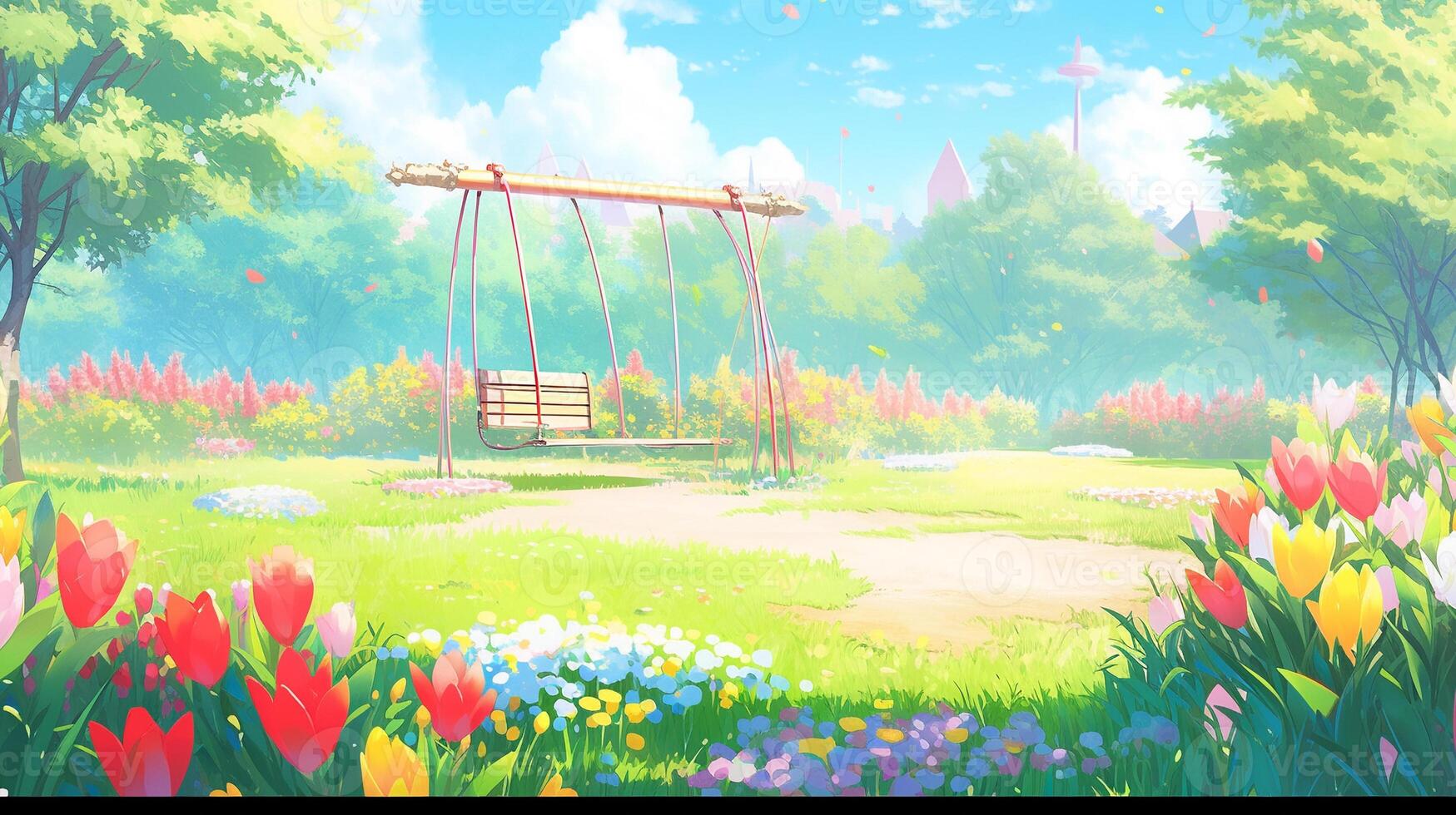 theme park cartoon scene background. swing with flower garden background on sunny day. photo