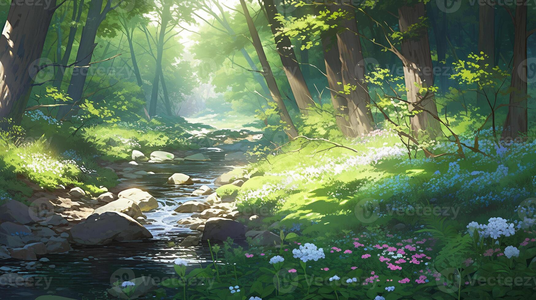 landscape countryside cartoon scene background. stream leading to inside deep forest on sunny day. photo