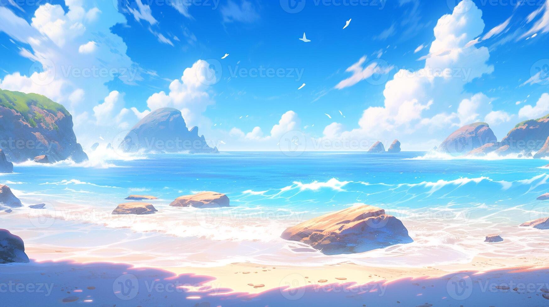 landscape countryside cartoon scene background. beautiful beach with sea wave and blue sky on sunny day. photo