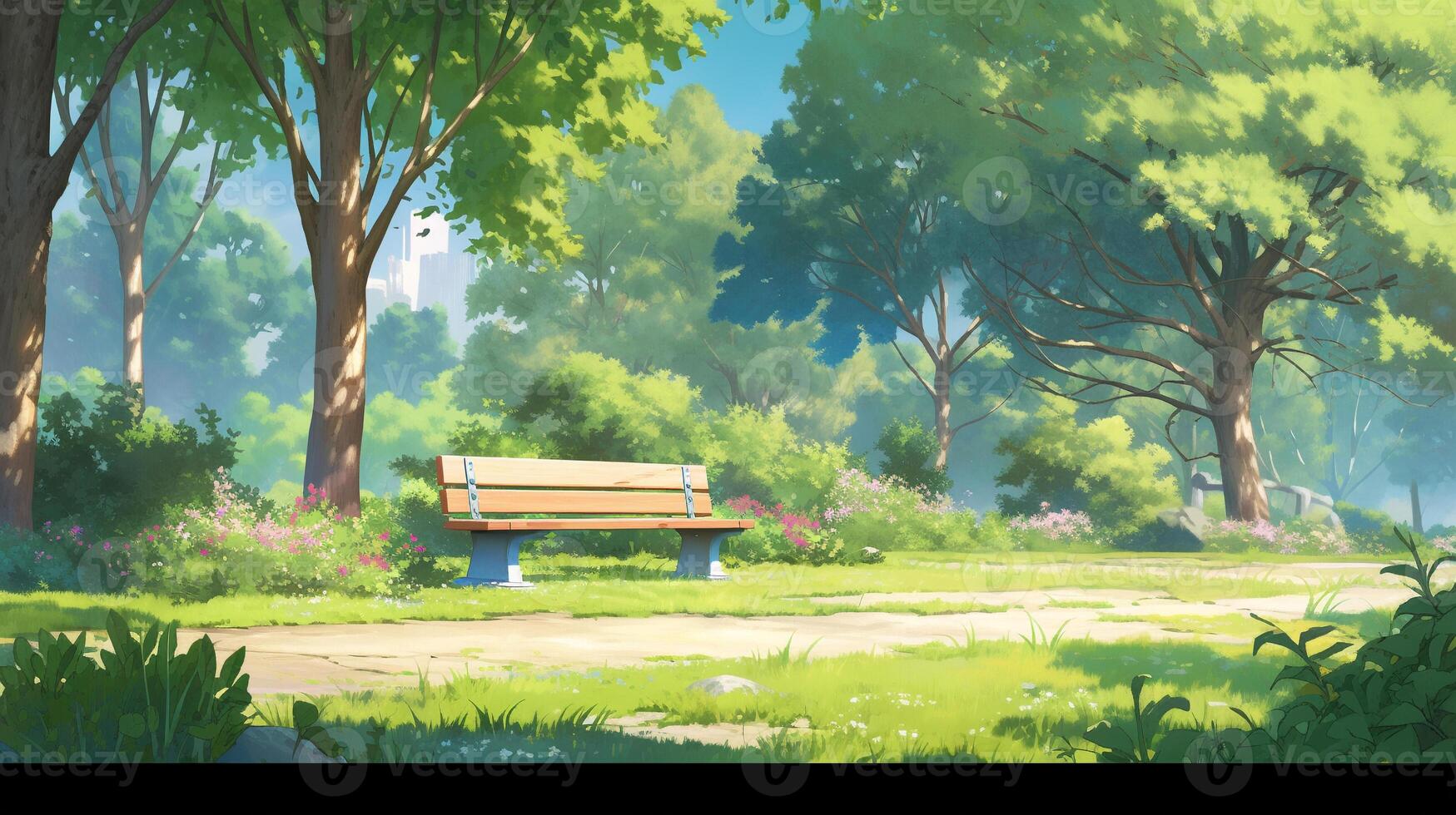 theme park cartoon scene background. wooden bench with green tree on sunny day. photo
