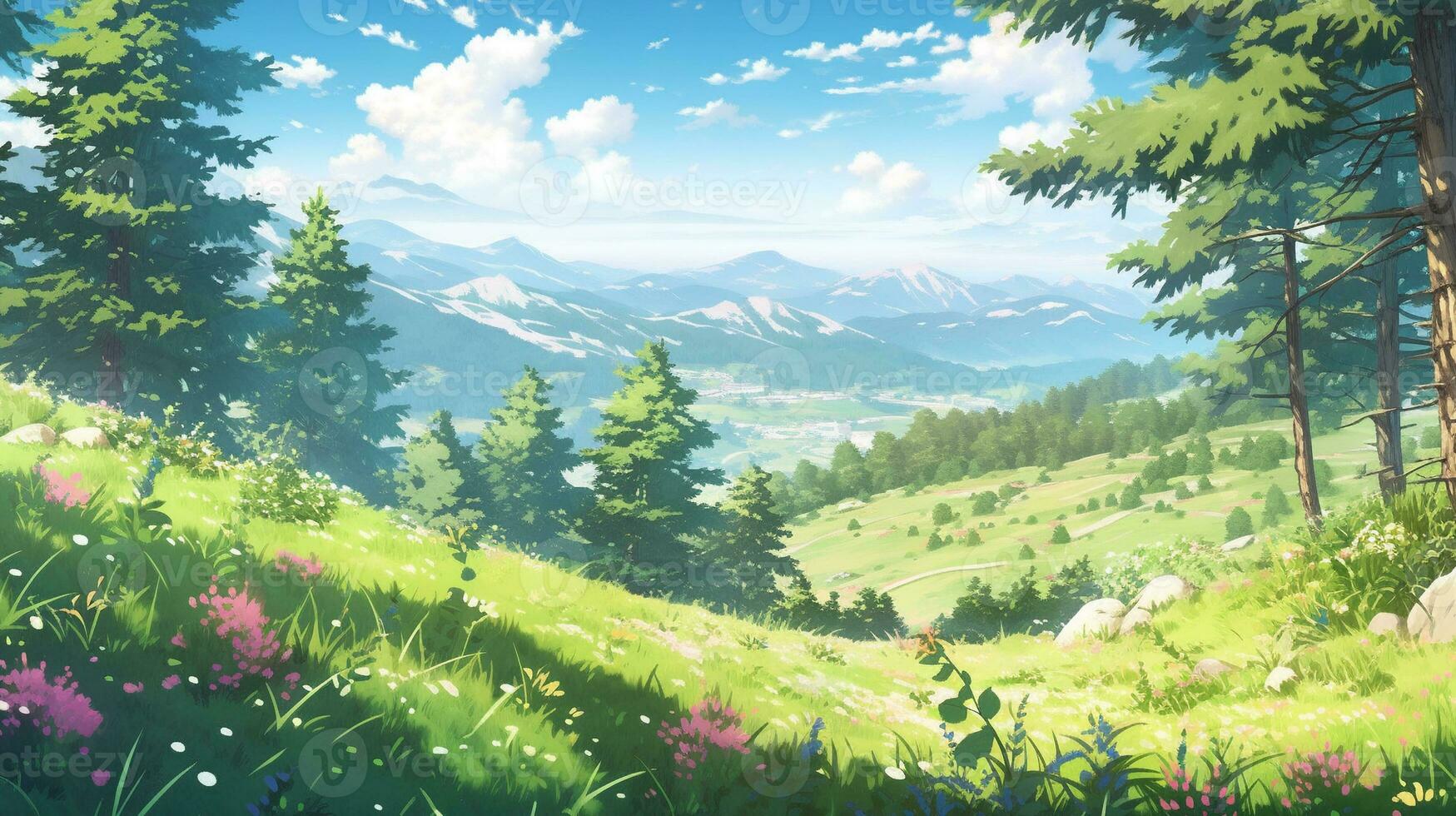 landscape countryside cartoon scene background. view from the top of mountain overlooking the meadows below. generative AI photo