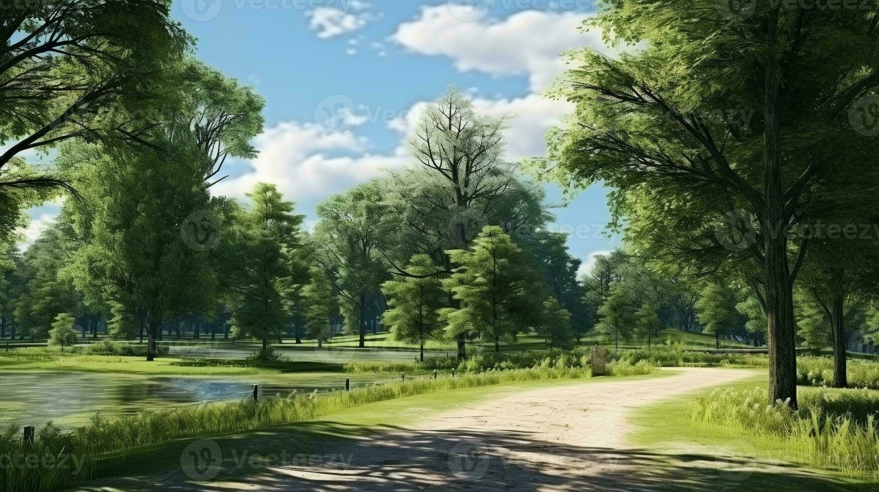 park landscape scene with green trees and walking paths for relaxation on sunny day. generative AI photo