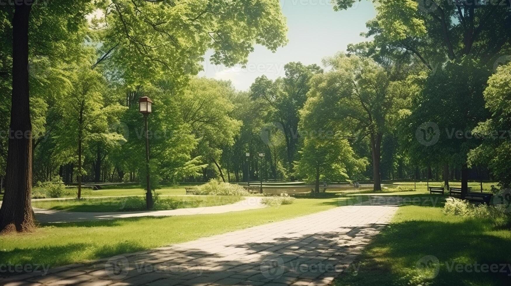 park landscape scene with green trees and walking paths for relaxation on sunny day. photo