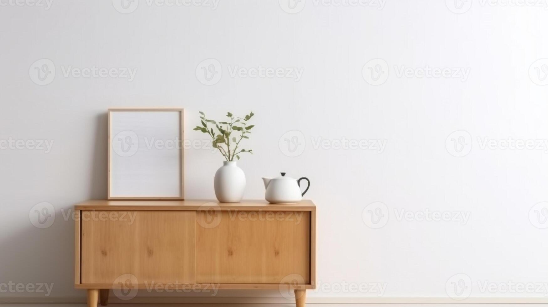 living room modern interior design. wood cabinet with vase and white wall background. generative AI photo