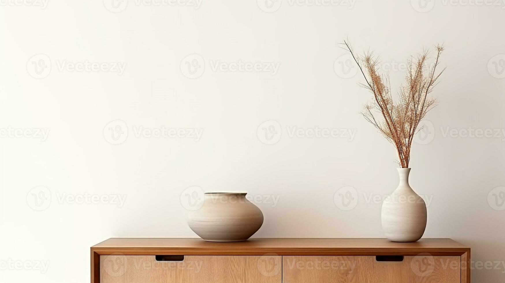 living room modern interior design. wood cabinet with vase and white wall background. generative AI photo