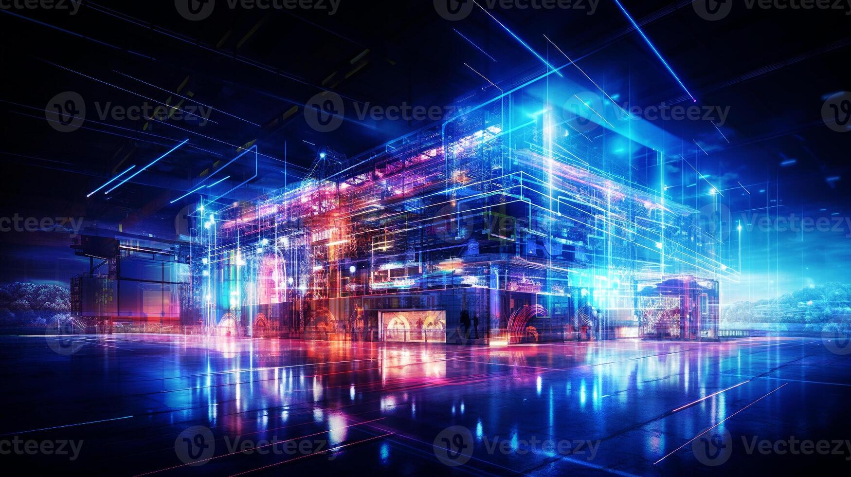 industrial revolution. futuristic factory with laser lighting. smart building for internet of things. photo