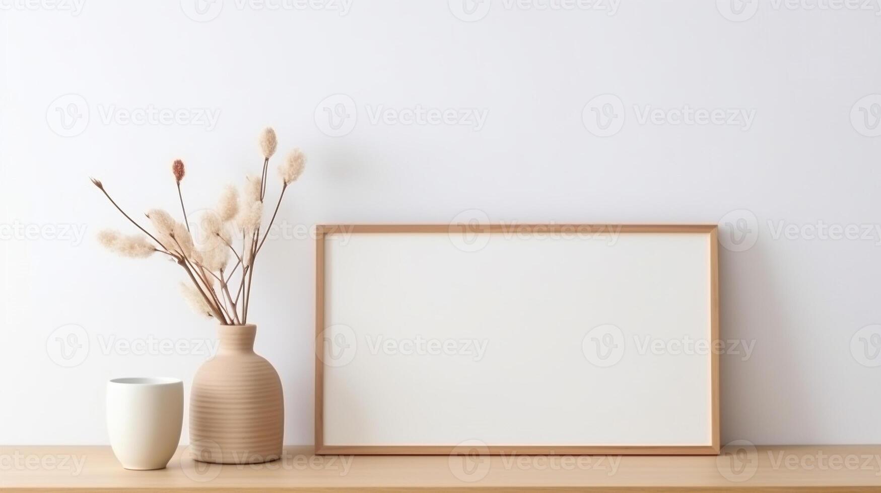 blank wooden canvas frame on white wall with wooden cabinet and ceramic vase decoration. photo