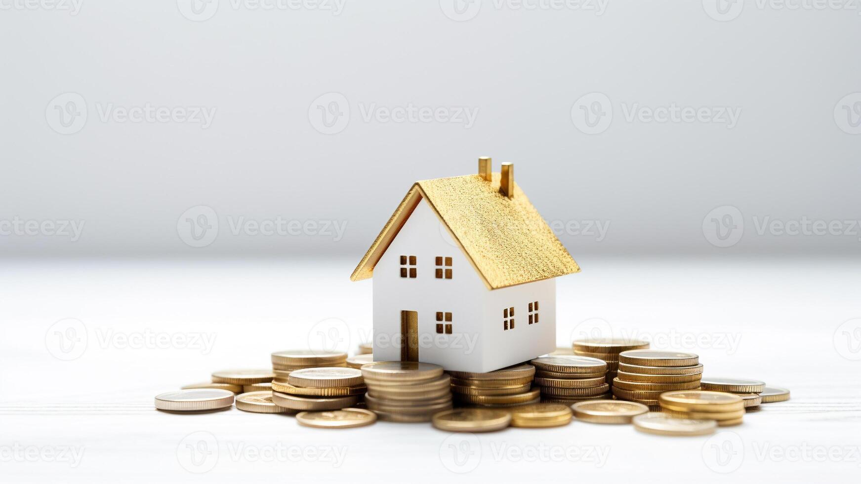miniature house on pile of coins on white background with copy space. selective focus. saving money and property investment concept. photo