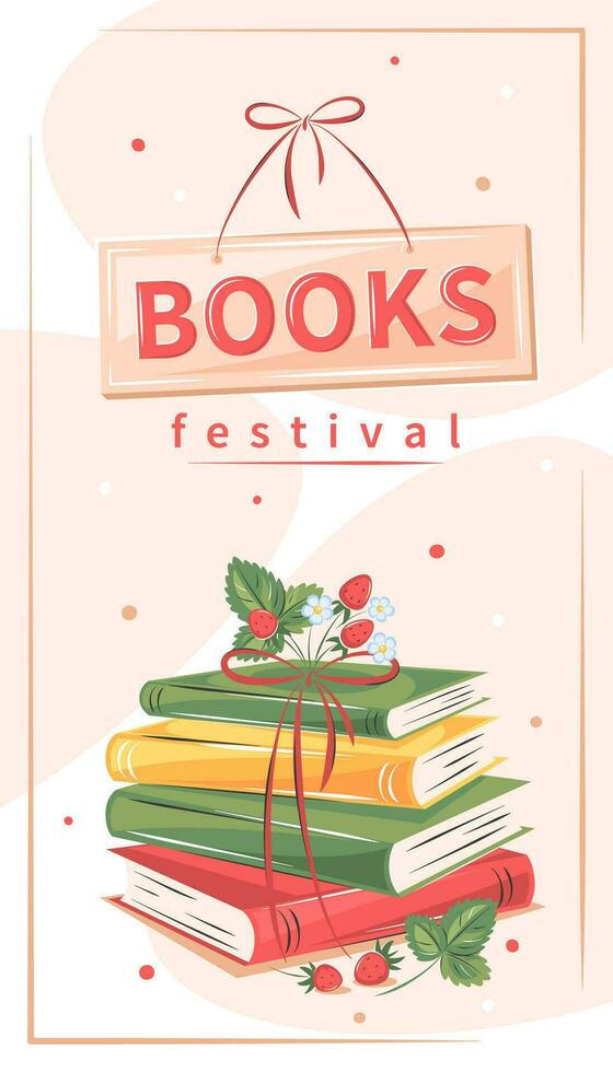 libro festival. diseño diseño para librería, biblioteca. libros con flores y fresas vector ilustración