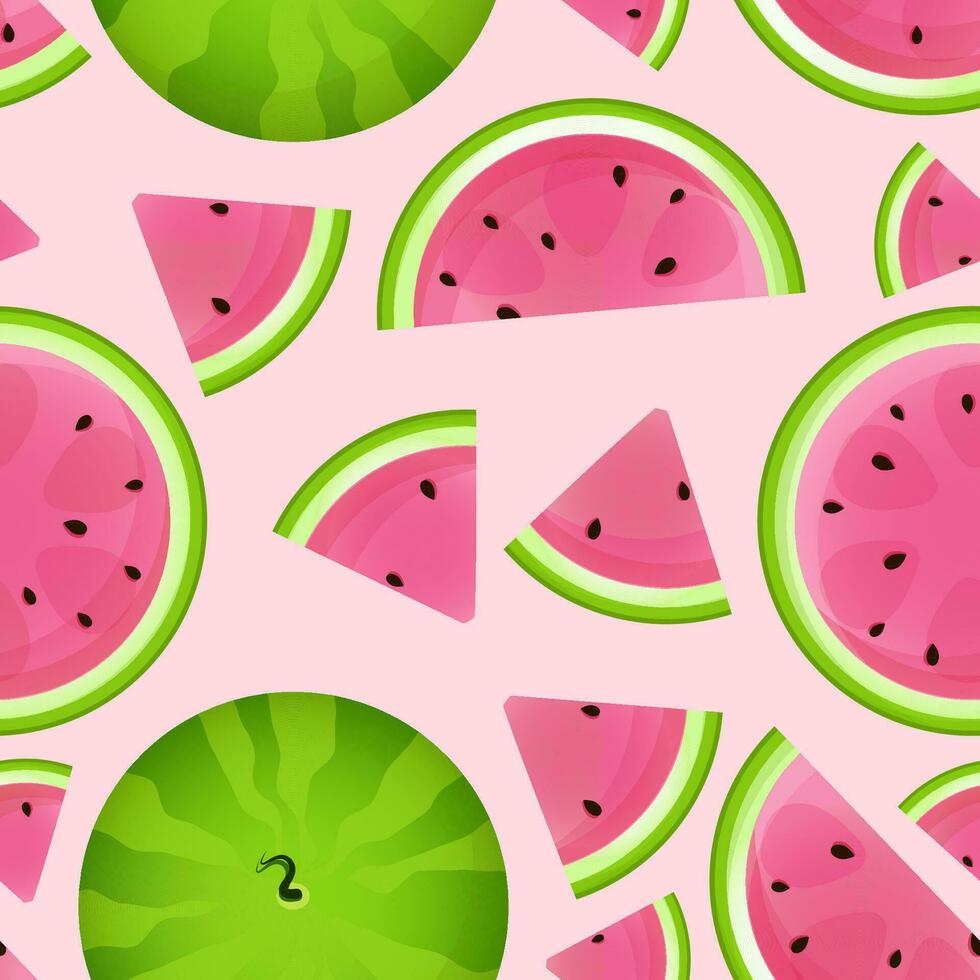 Seamless pattern of green whole watermelon and pieces of sliced on a pink background vector