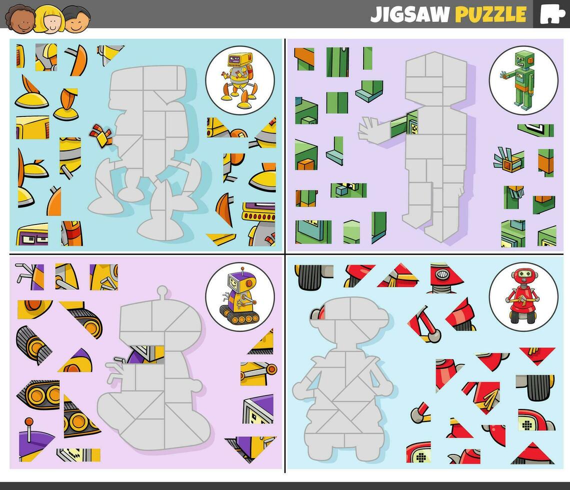 jigsaw puzzle games set with cartoon robot characters vector