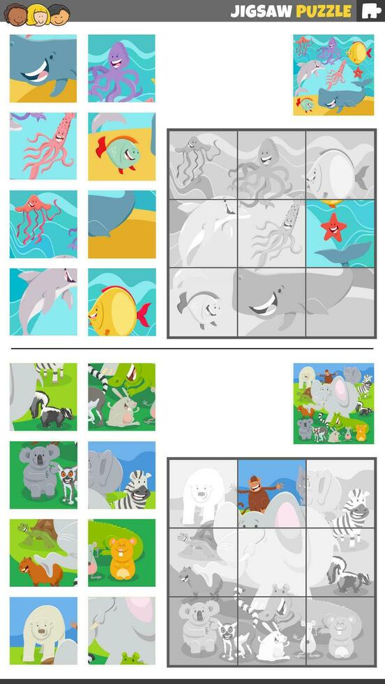 jigsaw puzzle games set with cartoon wild animal characters vector