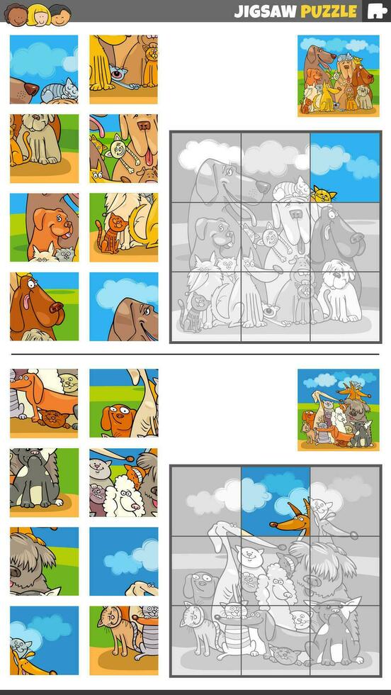 jigsaw puzzle games set with cartoon dogs and cats characters vector