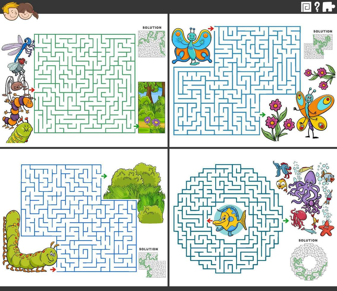 maze activities set with cartoon insects and marine animals vector