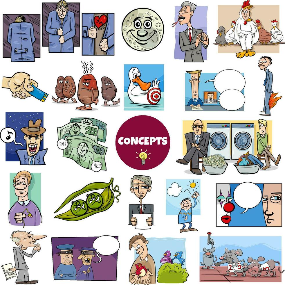 cartoon concepts or metaphors with comic characters big set vector