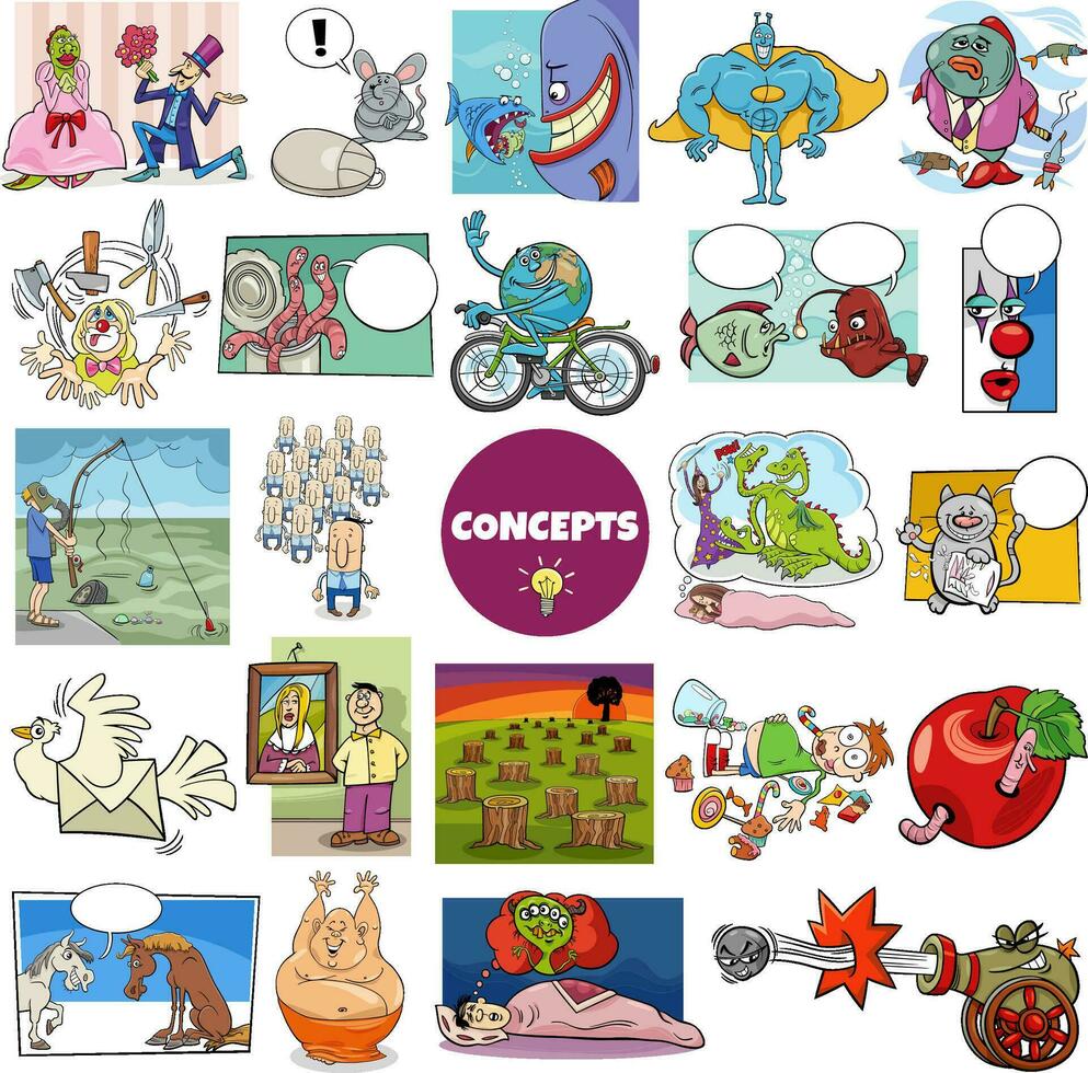 cartoon concepts or metaphors with comic characters big set vector