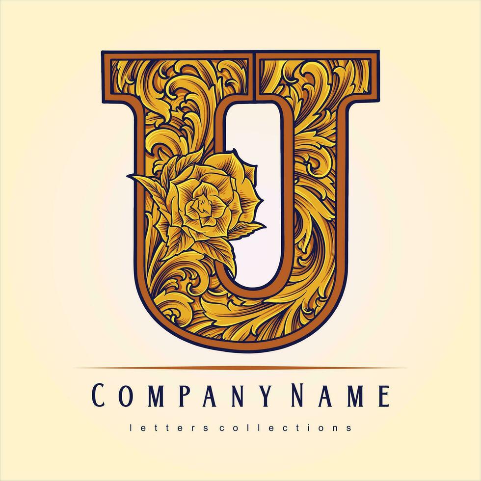 Monogram U elegance floral engraved ornament logo illustrations vector illustrations for your work logo, merchandise t-shirt, stickers and label designs, poster, greeting cards advertising business
