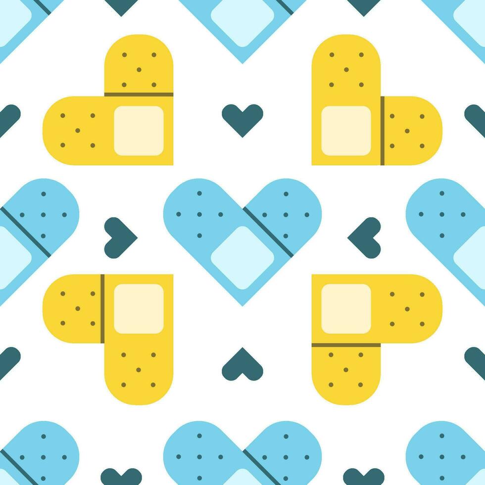 Flat cute seamless pattern of medical plaster with hearts. vector