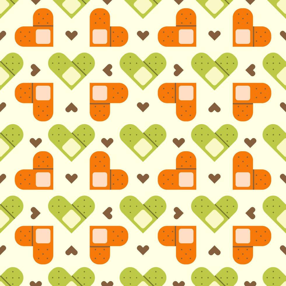 Flat cute seamless pattern of medical plaster with hearts. vector