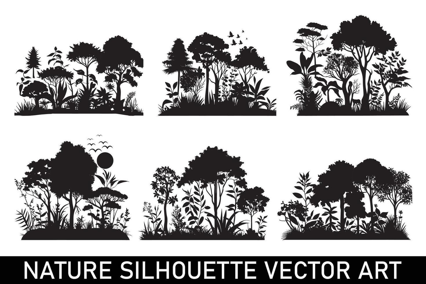 Forest silhouette illustration bundle, Nature silhouette clipart bundle, Nature silhouette design bundle, Forest silhouette background bundle. vector