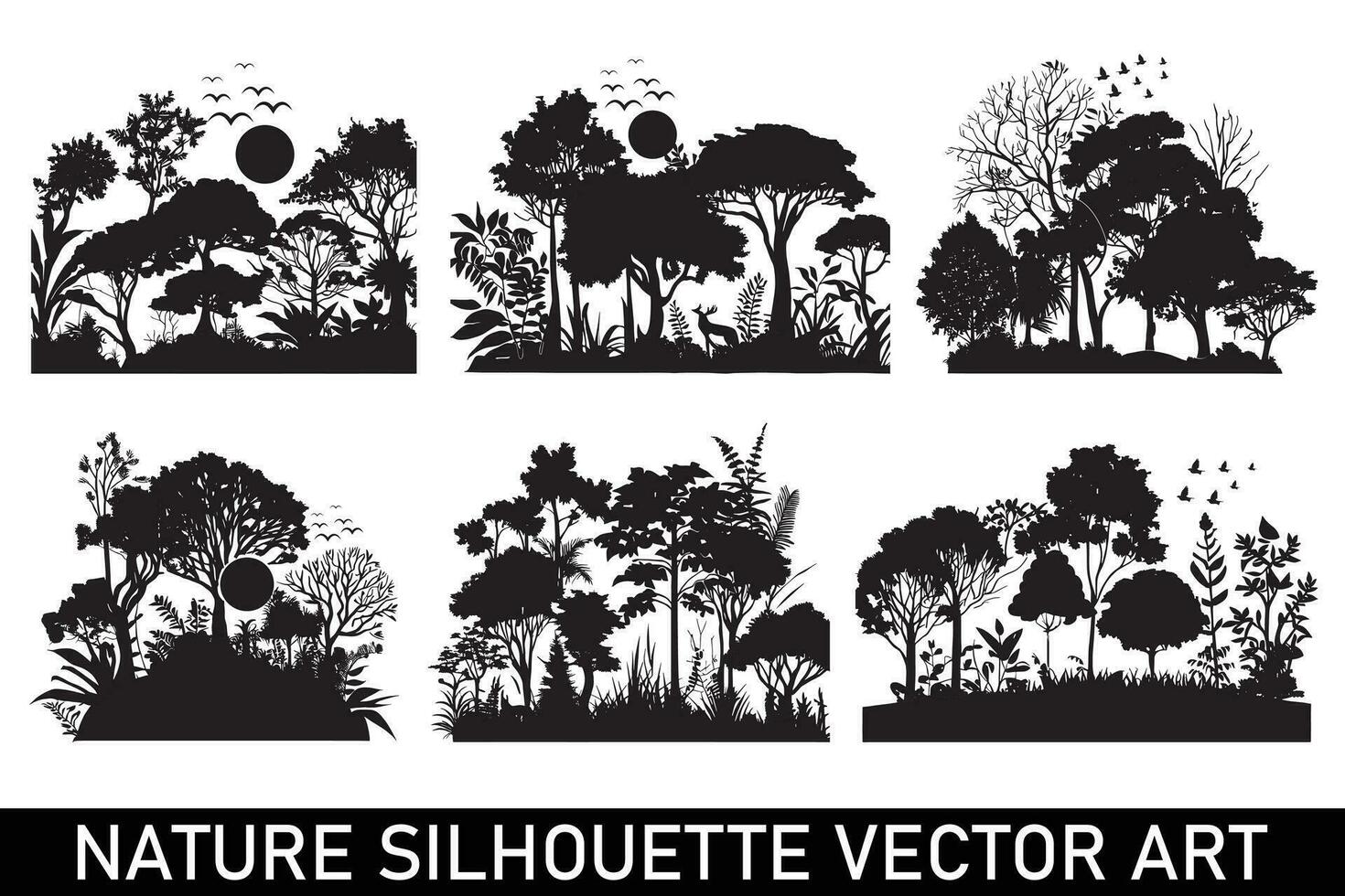 Forest silhouette illustration bundle, Nature silhouette clipart bundle, Nature silhouette design bundle, Forest silhouette background bundle. vector