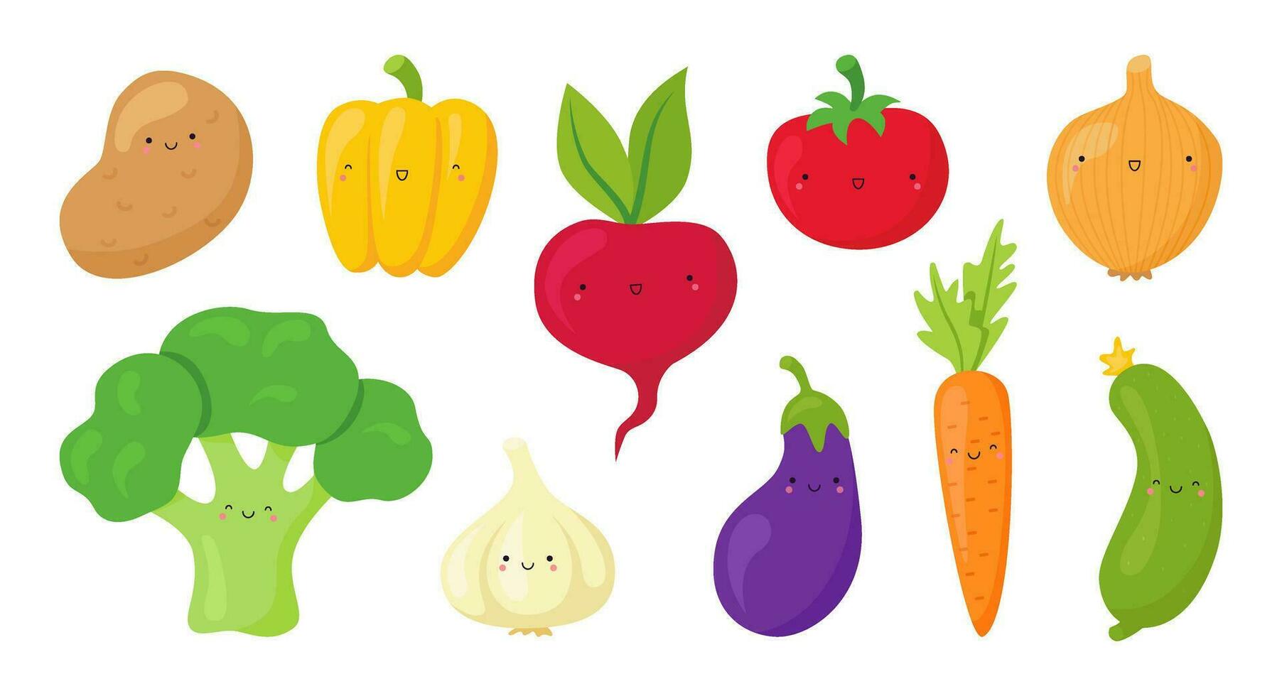 Set of cute vegetables in kawaii style isolated on white background. Vector illustration of cartoon smiling vegetables faces.