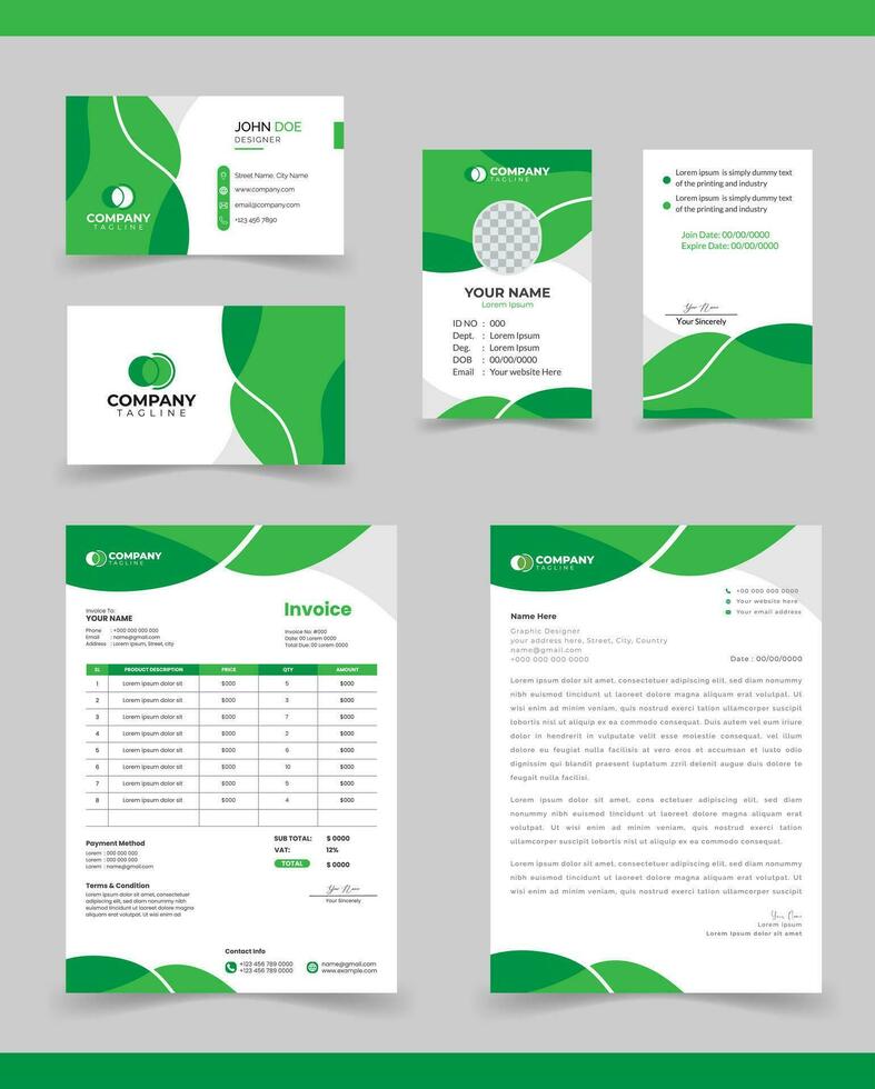 Corporate Brand Identity Mockup Set. Editable vector. Business card, Id card, Invoice, letterhead, vector