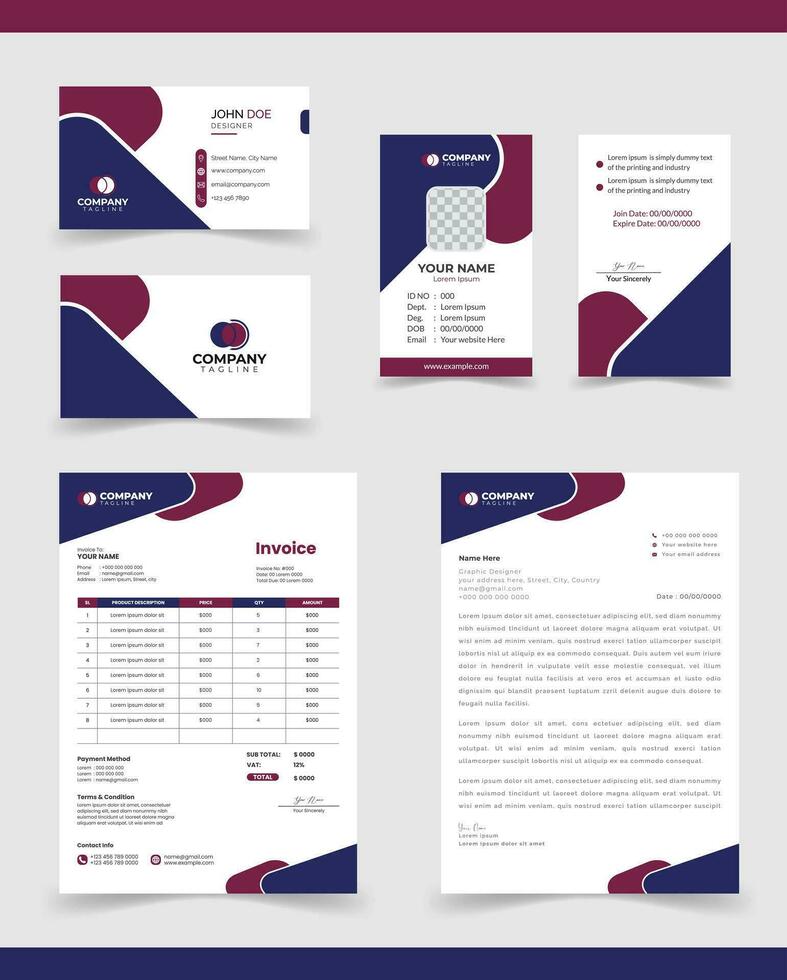 Corporate Brand Identity Mockup Set. Editable vector. Business card, Id card, Invoice, letterhead, vector