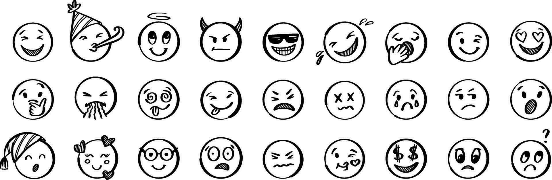 Doodle emoji set. Hand drawn sketch vector illustration. Pack of different expressions emoticons