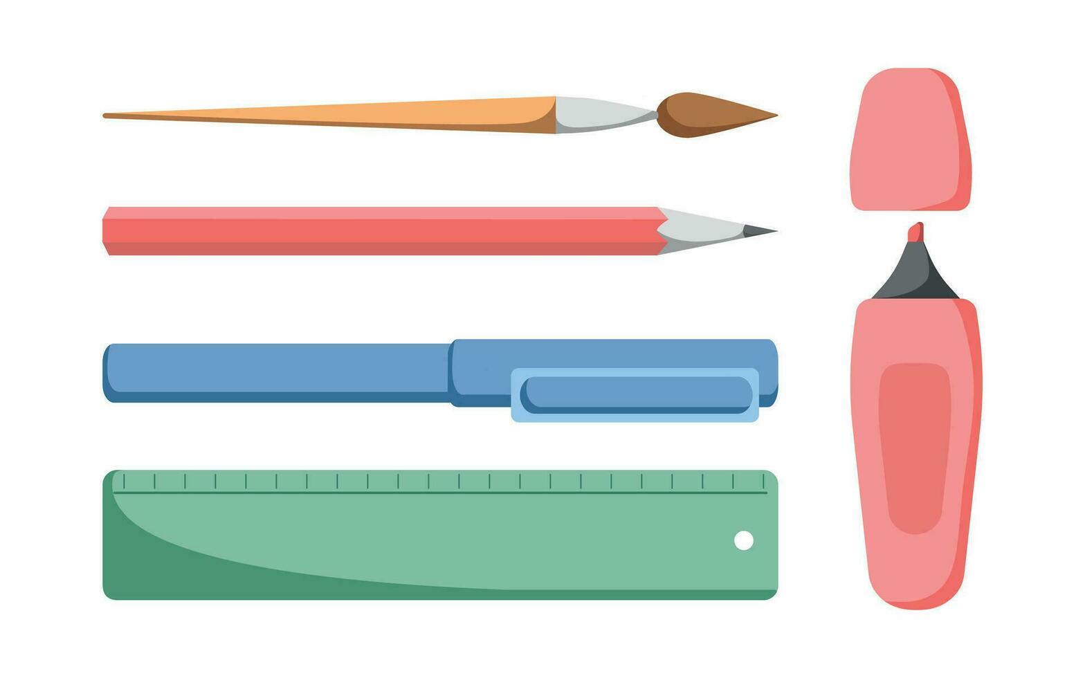 Supplies set with pen, pencil, brush, ruler and marker. Isolated illustrations for office, university or school writing concepts. Educational item for school start, cards, banners, flyers, invitation. vector