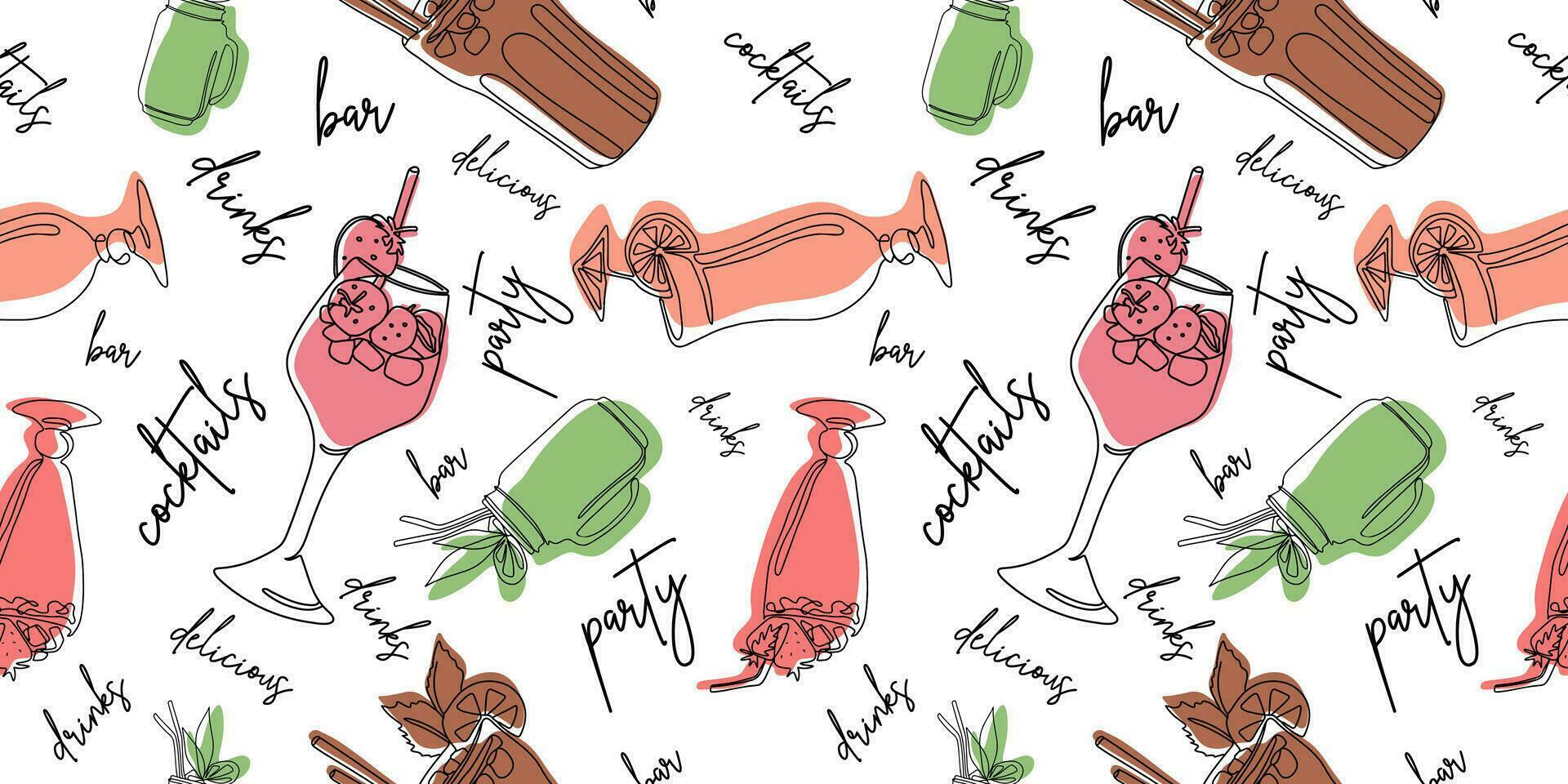 Seamless pattern with delicious cocktails and drinks with lettering for fabric, drawing labels, print on t-shirt, wallpaper of children's room, fruit background. vector